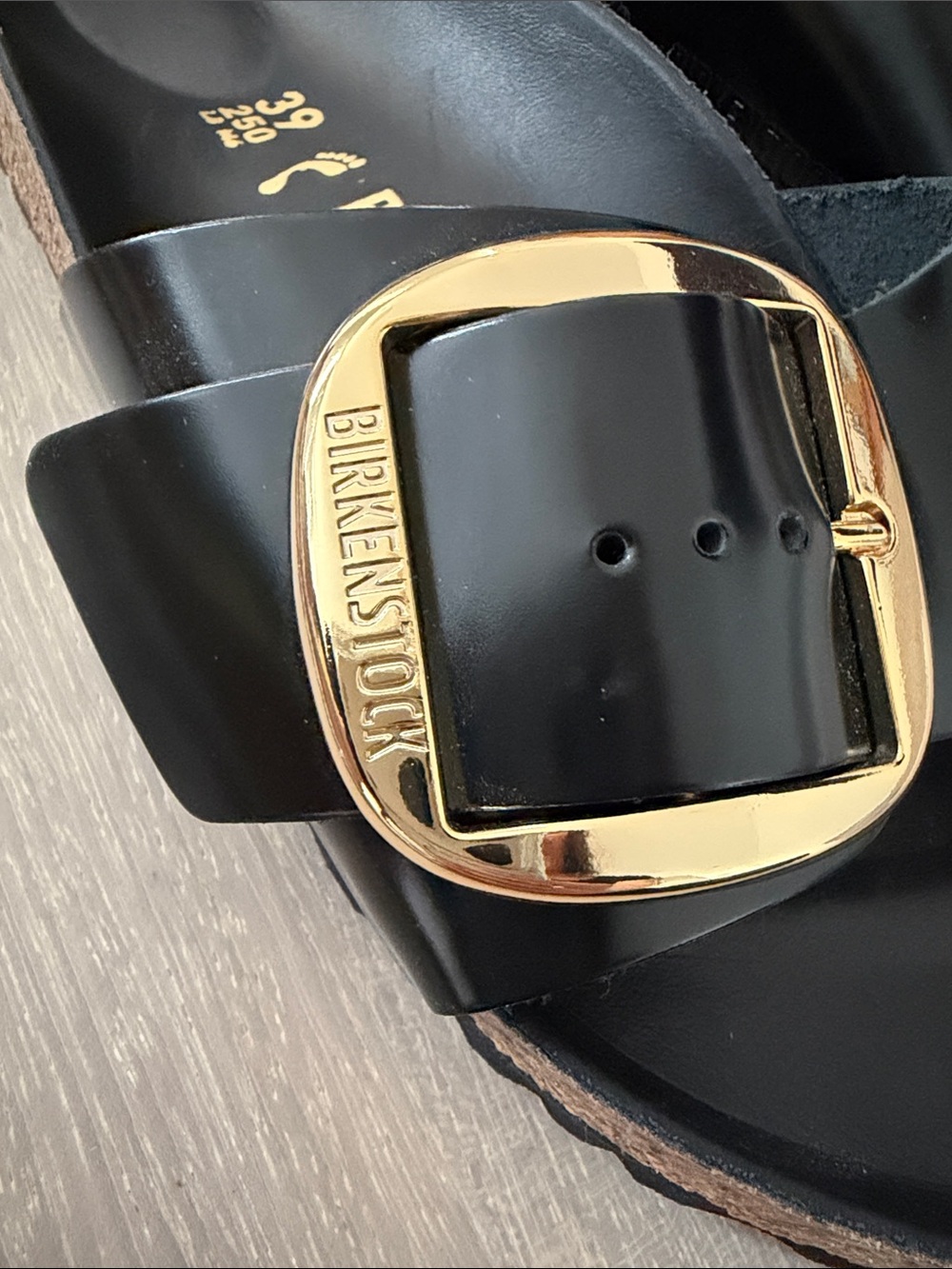Birkenstock Black Patent Madrid Slides with Gold Buckles - Picture 8 of 8